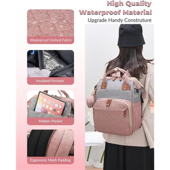 Pink Grey Diaper Bag Backpack with Changing Station Waterproof Baby Travel Bag - Picture 6 of 7